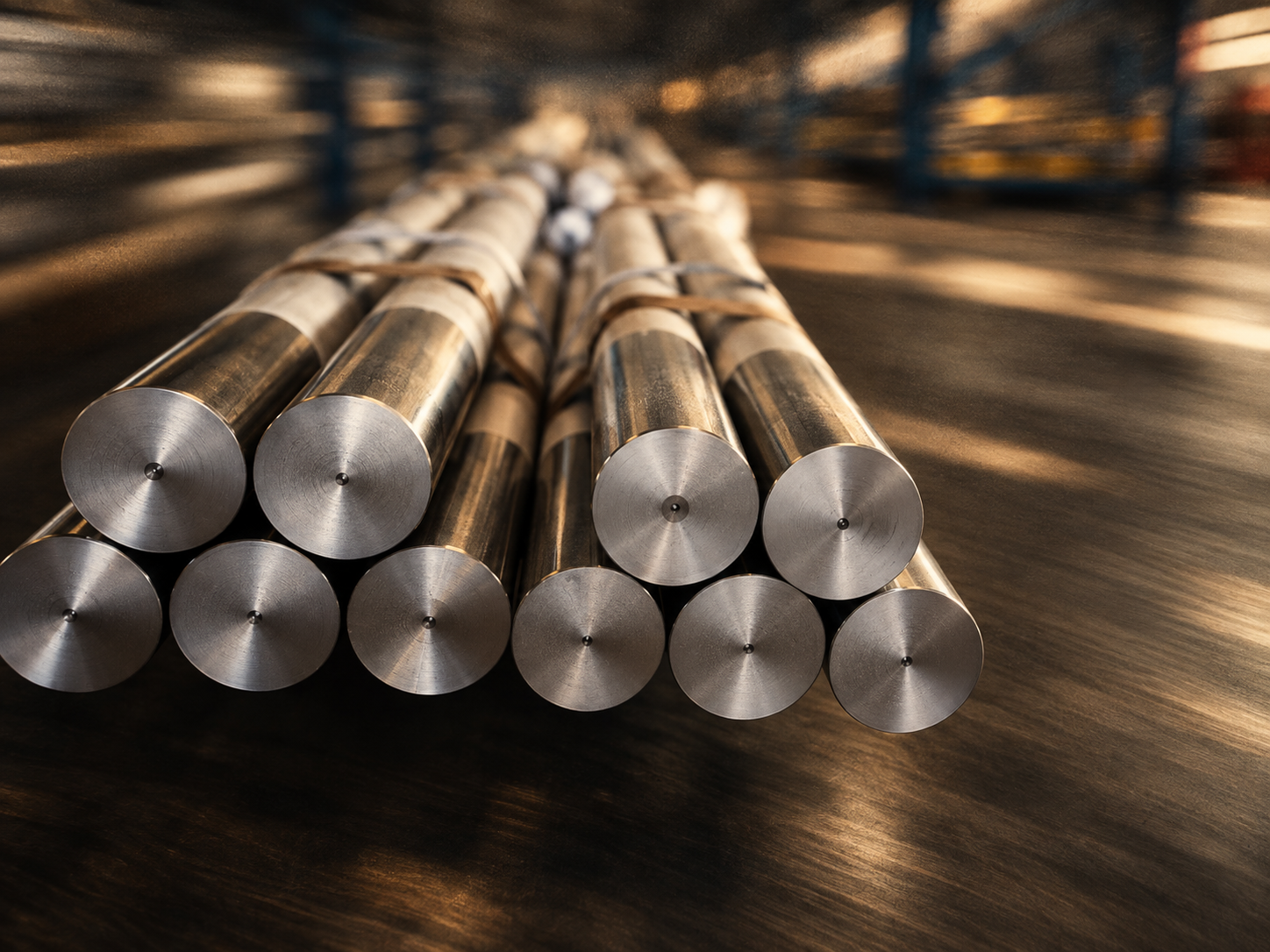 Chrome plated rods stacked in a warmly lit industrial workshop
